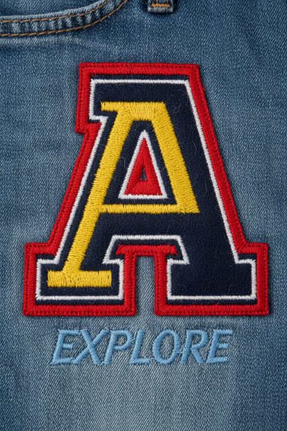 Letter Embroidered Patch Jeans - Close-Up Detail