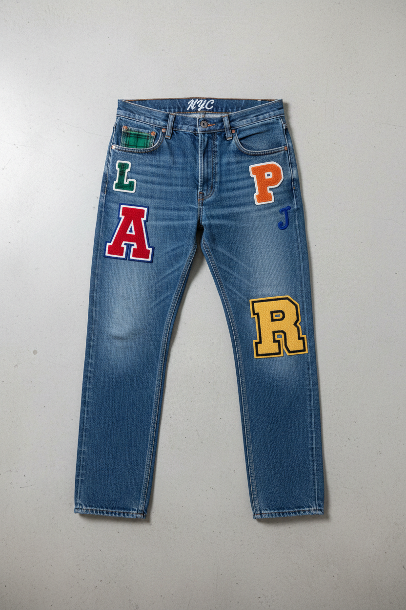 Letter Embroidered Patch Jeans - Flat Lay