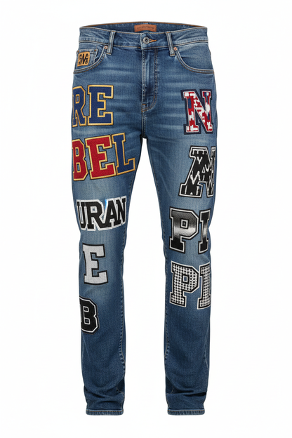 Letter Embroidered Patch Jeans - Front View