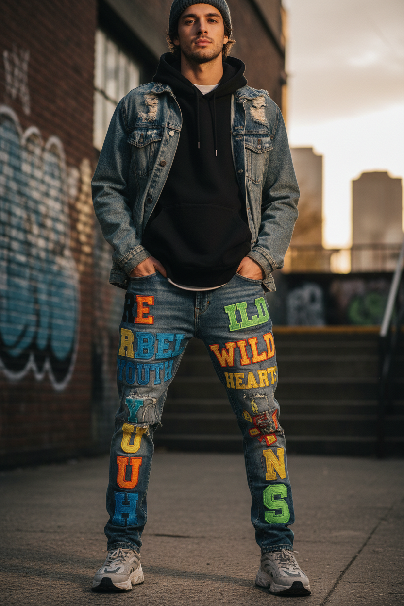 Letter Embroidered Patch Jeans - Lifestyle