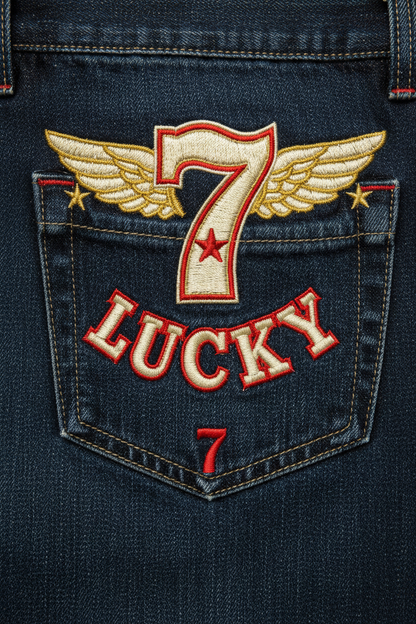 Lucky 7 Embroidered Jeans - Close-Up Detail