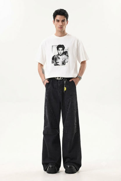 Stitching Wide Leg Jeans Retro Cotton Style