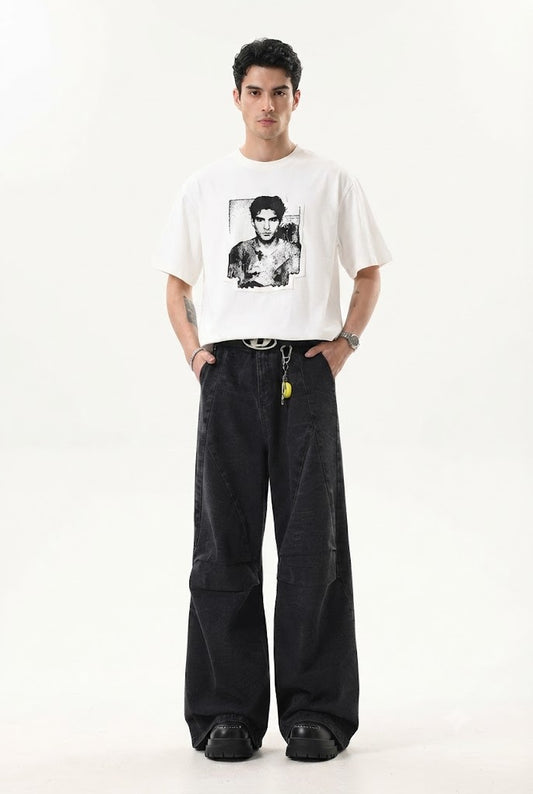 Stitching Wide Leg Jeans Retro Cotton Style