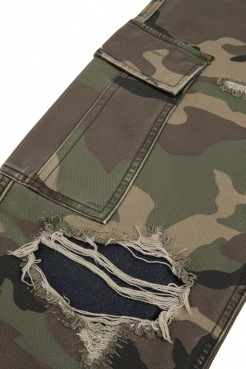 Patchwork Ripped Bootcut Camo Pants - Detail Shot