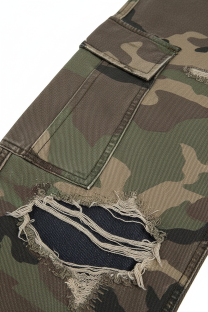 Patchwork Ripped Bootcut Camo Pants - Detail Shot
