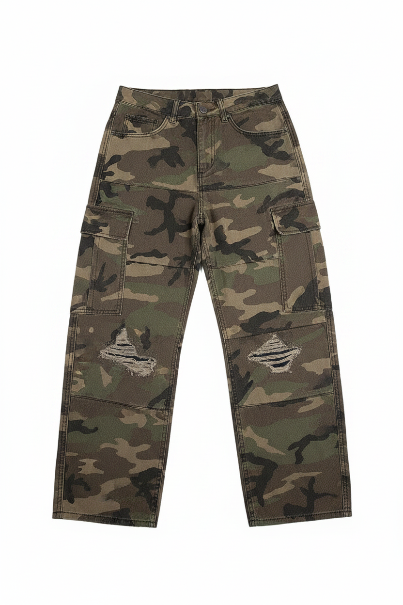 Patchwork Ripped Bootcut Camo Pants - Flat Lay