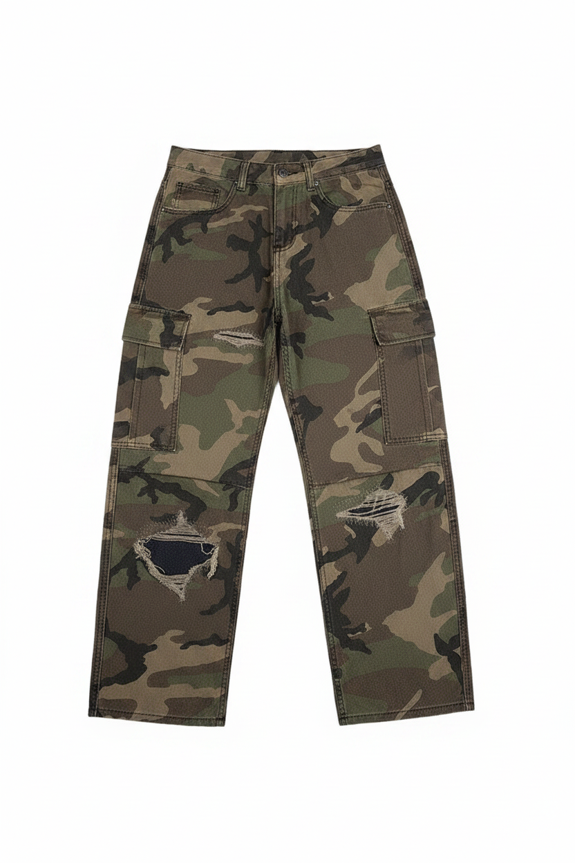 Patchwork Ripped Bootcut Camo Pants - Front View
