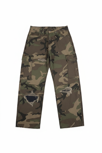 Patchwork Ripped Bootcut Camo Pants - Front View