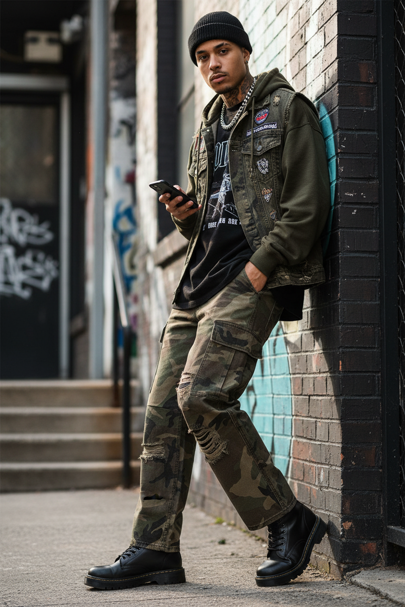 Patchwork Ripped Bootcut Camo Pants - Lifestyle