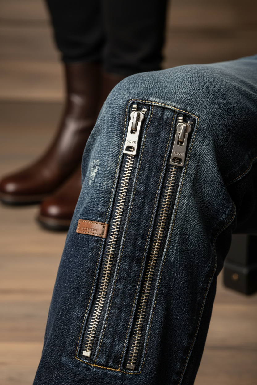Straight Leg Zipper Panel Jeans - Close-Up Detail