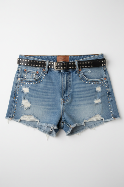 Studded Denim Shorts - Flat Lay