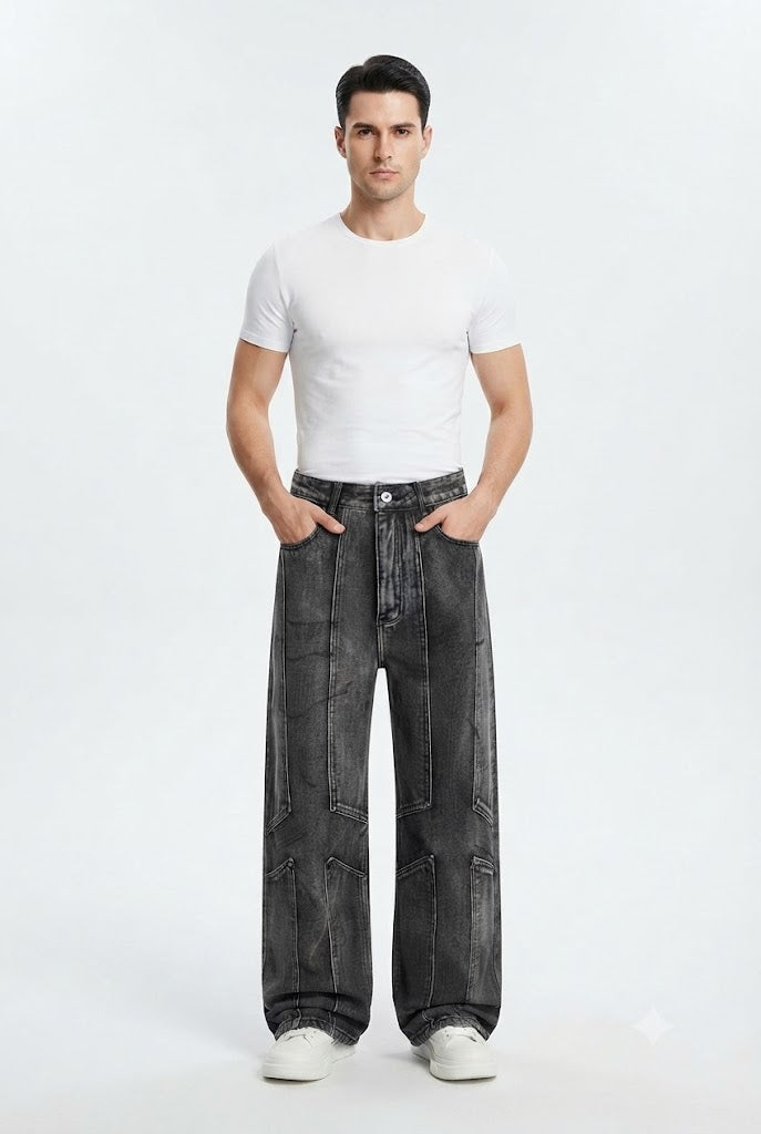 Washed Deconstructed Wide-Leg Denim