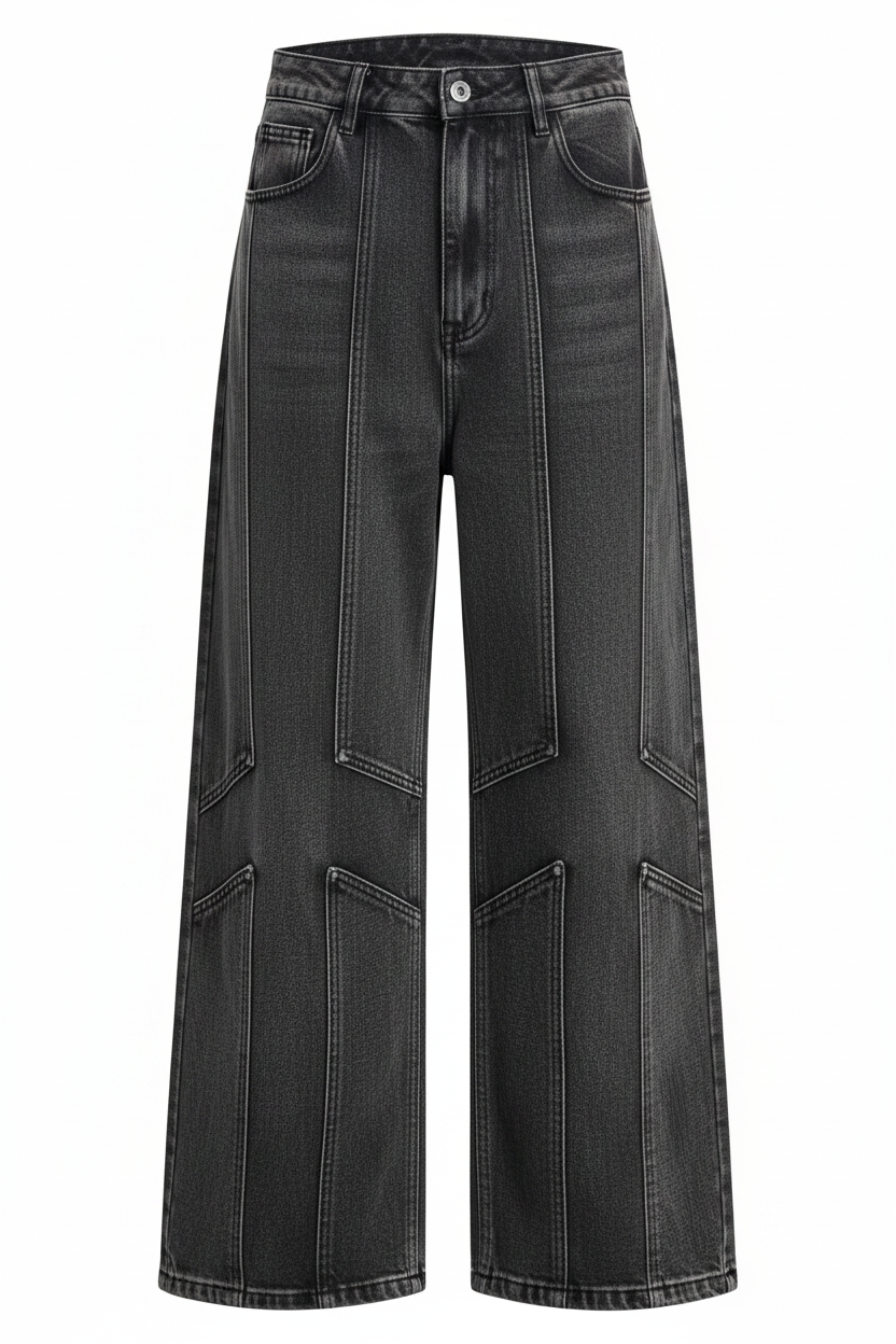 Washed Deconstructed Wide-Leg Denim - Front View