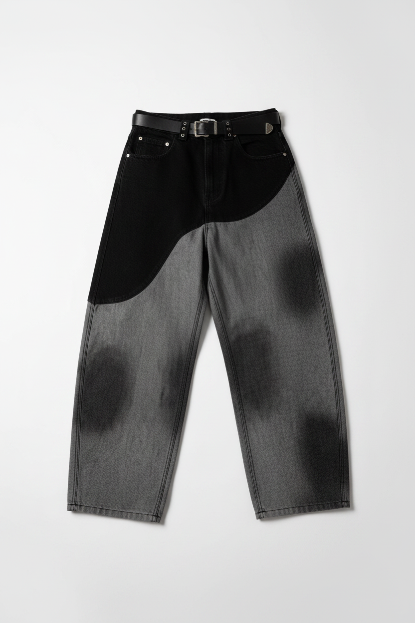 Washed Patchwork Denim Jeans - Flat Lay