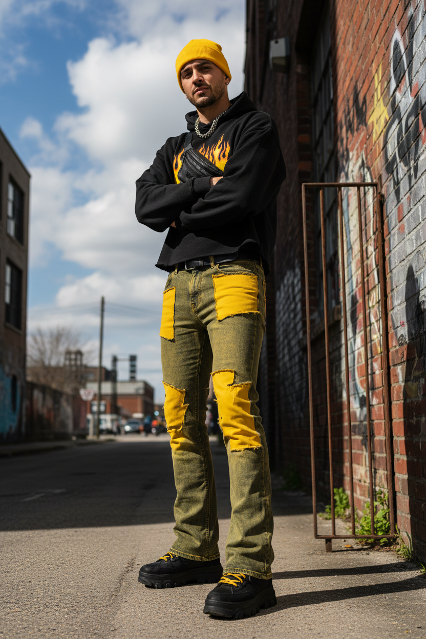 Yellow Patch Bootcut Jeans - Lifestyle