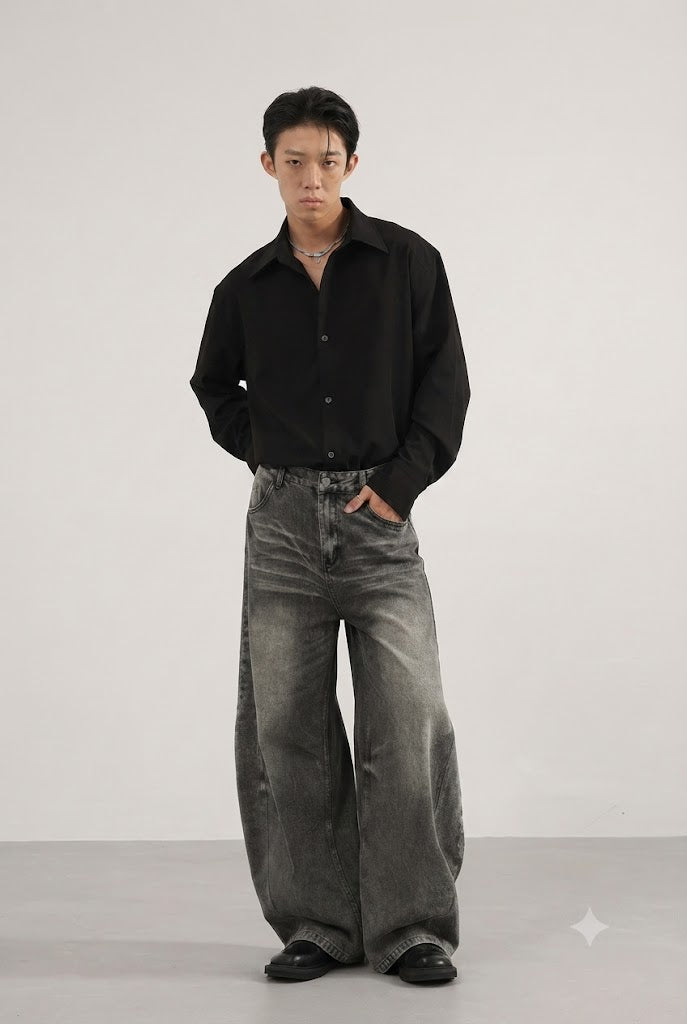 Washed Wide Leg Straight Jeans