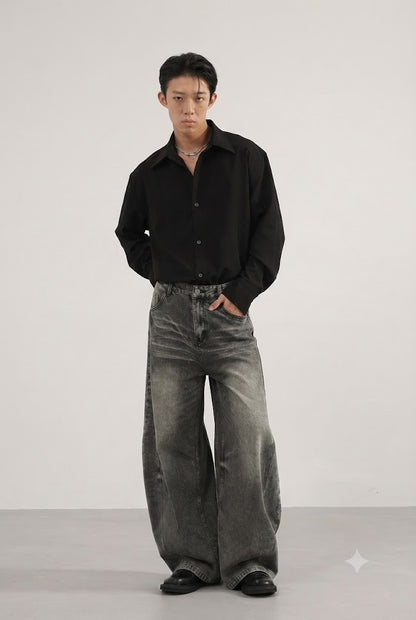 Washed Wide Leg Straight Jeans